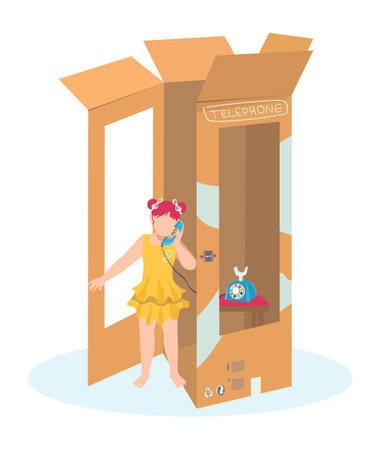 Little cute girl play telephone booth, cardboard call box, female cheerful character cartoon vector illustration, isolated on white. Creative imagine idea, plaything children fantasy payphone.のイラスト素材