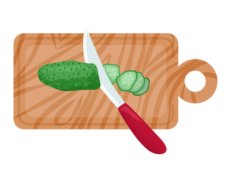 Wooden kitchen food board with organic green cucumber, knife cut vegetable flat vector illustration, icon isolated on white. Sharp cooking blade for slicing pickle, vegan meal product.のイラスト素材