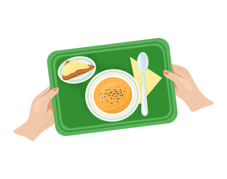 Woman hand hold tray with foodstuff plate kitchen utensils, light breakfast foodstuff flat vector illustration, isolated on white. Concept dinner food dish, canteen edible soup meal.のイラスト素材