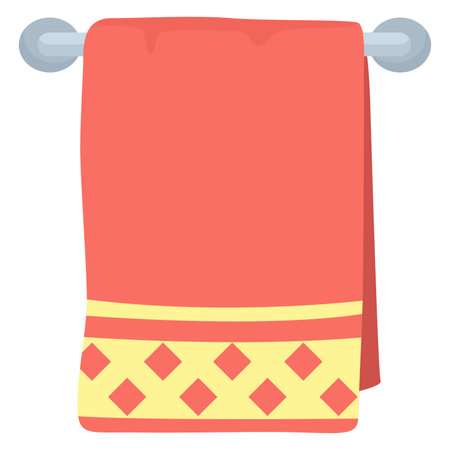 Bathroom thing towel hanging on metal heated towel rail, red yellow color cloth flat vector illustration, isolated on white icon. Concept object for washroom room, toilet bathing towel.のイラスト素材