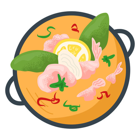 Bowl orange broth with green leaf, lemon slice and pink shrimp, concept restaurant foodstuff flat vector illustration, isolated on white. Delicious bouillon meal, delicacy cream soup.のイラスト素材