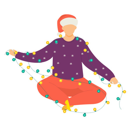 Christmas mood concept, man character sitting in light bulb garland, male people nativity hat flat vector illustration, isolated on white. Funny cheerful human relax new year sentiment.のイラスト素材