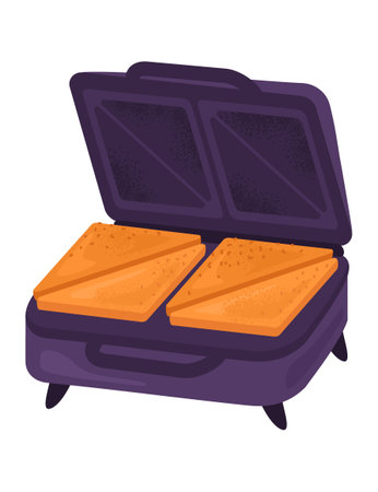 Kitchen modern technical sandwich maker, gadget waffle iron device icon flat vector illustration, isolated on white. Design cooking stuff, prepared fast food unhealthy foodstuff eatable.のイラスト素材