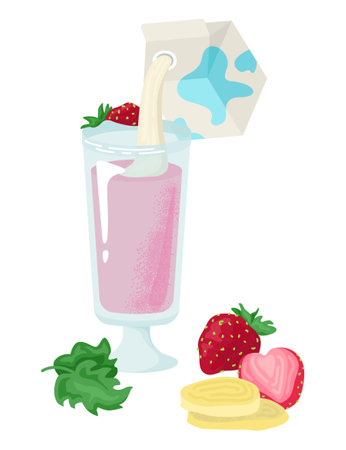 Healthy dairy yogurt milkshake, concept strawberry with mint leaf milk smoothies cartoon vector illustration, isolated on white. Farm lotion drink product, eco organic berry fruit in glass cup.のイラスト素材