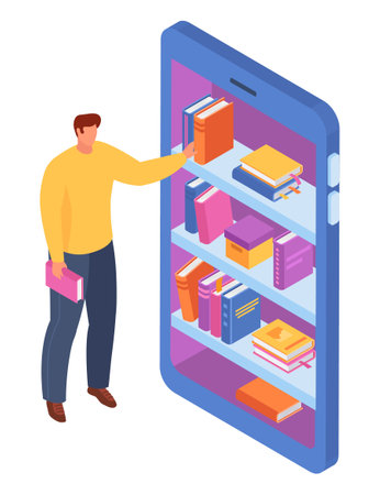 Man hold book standing vending volume machine, erudite male buy online store journal isometric 3d vector illustration, isolated on white. Concept modern technology internet shopping.のイラスト素材
