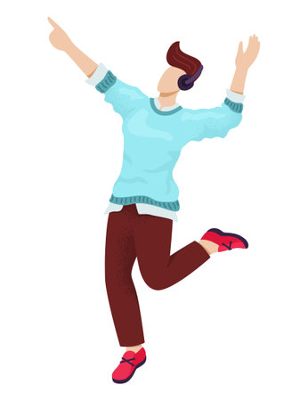 Man character wear modern clothes, male in music headphones listening song and dancing flat vector illustration, isolated on white. Young human cheerfully time spend, teenager relaxing weekend.のイラスト素材