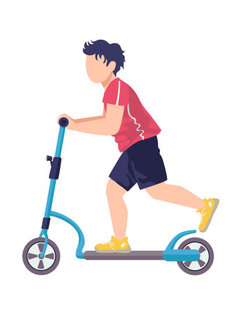 Little cheerful boy ride scooter, children kid funny spend time means transport cartoon vector illustration, isolated on white. Concept modern child two wheeled movement, sport exercise.のイラスト素材