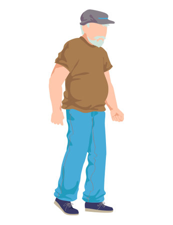 Old aged male character walking, man wear cap with excessive weight, outdoor stroll cartoon vector illustration, isolated on white. Concept retirement age, gray hair and beard color.のイラスト素材