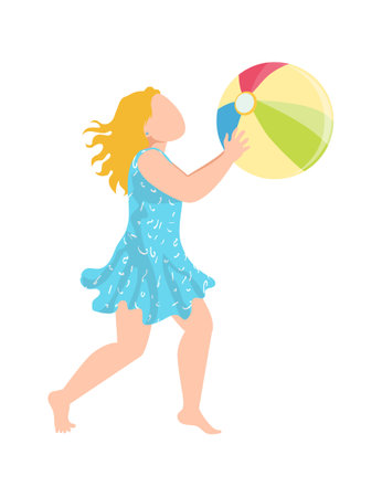 Teenager cheerful girl kid play with beach ball, tropical cheerfully spend time, children wear swimming suit cartoon vector illustration, isolated on white. Concept modern sport beachfront game.のイラスト素材