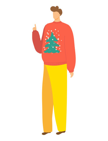 Happy male celebrate christmas holiday, man wear warm sweater with pine tree print standing xmas mood cartoon vector illustration, isolated on white. Concept character point finger, new year weekend.のイラスト素材