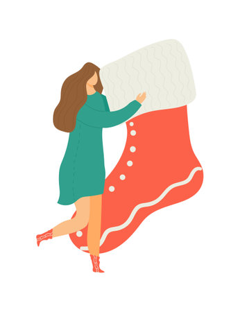 Cheerful tiny woman character hold christmas sock, female carry gift present cartoon vector illustration, isolated on white. Concept holiday festival, long haired girl celebrate new year.のイラスト素材