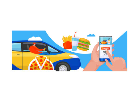 Fast food delivery service, male hand hold smartphone online order foodstuff, supply meal flat vector illustration, isolated on white. Concept web banner internet eatable express busing.のイラスト素材