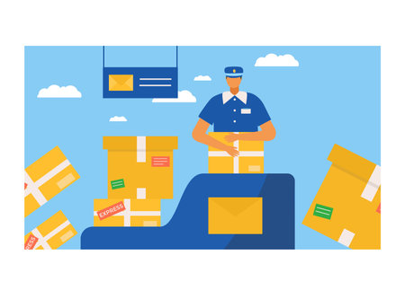 Postman character packaging postal parcel, professional mailman incase pasteboard box flat vector illustration, isolated on white. Concept web banner internet express delivery, modern post service.のイラスト素材