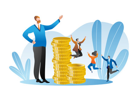 Company business team together jumping, joyful success businessman and businesswoman, gold stack coin flat vector illustration, isolated on white. Concept male chief raise hand, money successful firm.のイラスト素材