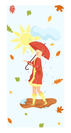 Cute woman character walking romantic rainy autumn weather, female stroll hold umbrella poster flat vector illustration, isolated on white. Fall lovely outdoor ecology park, cheerful mood.のイラスト素材