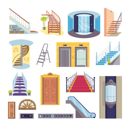 Flat elevator stairs collection, vector illustration. Cartoon step stairs and interior door set. Transport lift inside house, glass and steel elevatorのイラスト素材