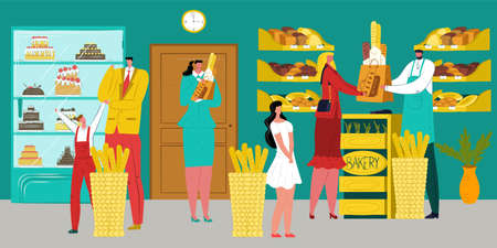 People buy bread at bakery, vector illustration. Cartoon man woman character with fresh pastry product stand near flat counter.のイラスト素材