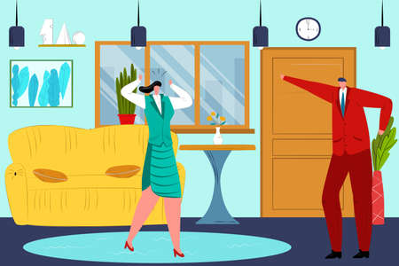 Couple man woman conflict with each other, angry wife husband family, vector illustration. Relationship conflict between married peopleのイラスト素材
