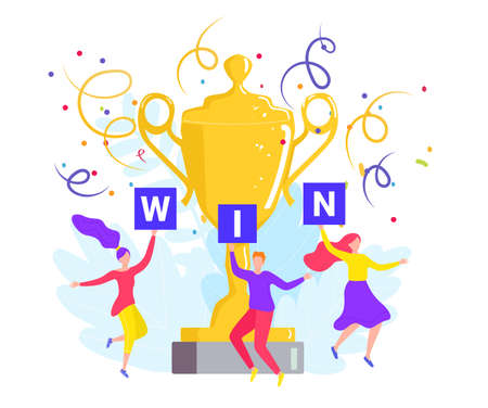 People win trophy, success victory achievement, vector illustration. Man woman character jump near huge cup award. Business prizeのイラスト素材