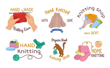 Handmade craft design, knit yarn set, vector illustration. Needlework hobby with thread, isolated on white design. Sewing and knitting workshopのイラスト素材