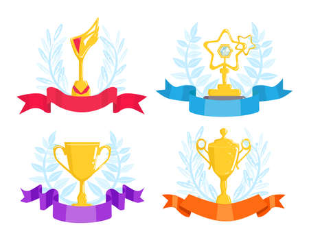Trophy award with ribbon decoration set, vector illustration. Success victory, prize cup reward for champion winner. Win sport competitionのイラスト素材