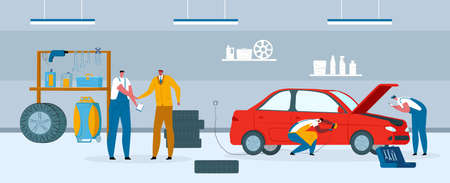 Car repair service, automobile vehicle workshop with team, vector illustration. Auto garage, people in uniform work with cartoon engine.のイラスト素材