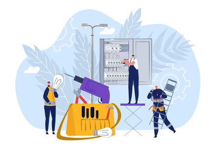 Electrician concept, electric technician worker, vector illustration. Professional electricity maintenance, electrical power service design.のイラスト素材