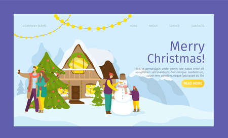 Winter holiday, merry christmas banner, vector illustration. Man woman people character play with cold snow outside, house at background.のイラスト素材