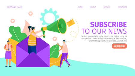 Subscribe to online news, template banner vector illustration. Flat newsletter web page, digital email subscription design website background.のイラスト素材
