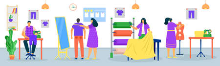 Sewing clothes in tailor shop concept, vector illustration. Man woman dressmaker character work in fashion design business.のイラスト素材