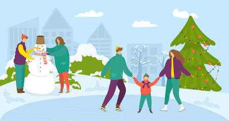 Winter time, cartoon people have fun vector illustration. Active christmas holidays in flat park, happy man woman charcater outdoor lifestyle.のイラスト素材