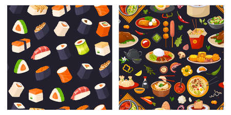 Traditional Japanese sushi food banner set, vector illustration. Asian healthy meal product pattern on black background. Oriental eatのイラスト素材