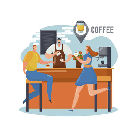 Coffee shop, barista make cartoon beverage in cafe business, vector illustration. Man woman character buy drink at flat cafeteria counter.のイラスト素材