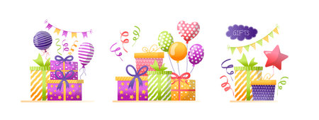 Gift box set for birthday surprise or christmas celebration, vector illustration. Present decoration for holiday design, cartoon bow and ribbon.のイラスト素材