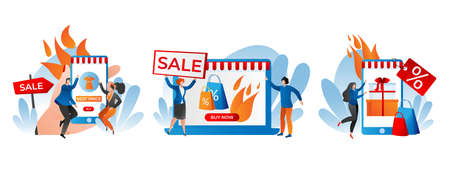 Hot sale at shop, advertising discount at store vector illustration. Low price for special offer, man woman people character shopping. Business promoのイラスト素材