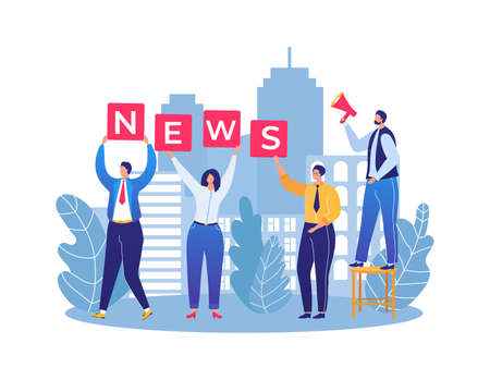 News with megaphone, loudspeaker concept vector illustration. Man woman character at message information announcement. Promotion media for marketingのイラスト素材