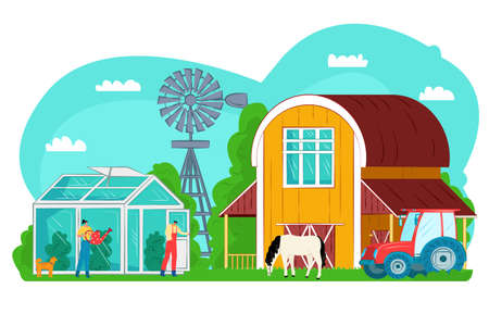 Agriculture nature at farm, greenhouse vector illustration. Farmer man character work with green plant, flat harvest design. Cartoon buildingのイラスト素材