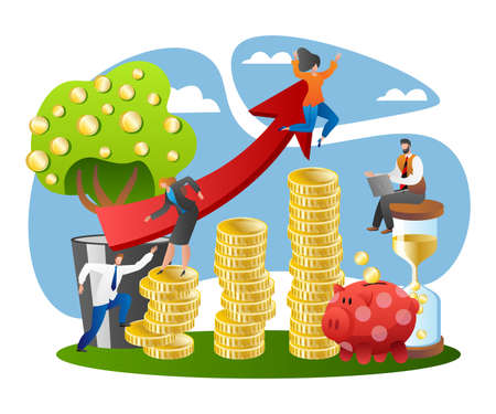 Banking success in financial money growth, coin investment profit concept, vector illustration. Man woman people character at cash currency graph.のイラスト素材