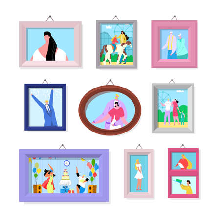 Photo picture in frame set, vector illustration. Family people character portrait at wall, happy man woman cartoon gallery. Mother father childrenのイラスト素材