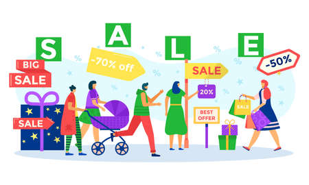 Discount sale for man woman customer in store, vector illustration. People character buy goods in shop, flat market with special offer concept.のイラスト素材