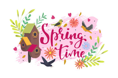 Spring time banner, vector illustration. Poster with lettering text design, graphic season greeting...