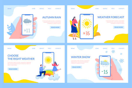 Weather app at flat website page, vector illustration. Season mobile application, cartoon landing banner set. Man woman people character use mobileのイラスト素材