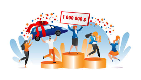 Money gift for flat people character, vector illustration. Man woman character win finance prize, cartoon reward and car. Get flat present from lotteryのイラスト素材