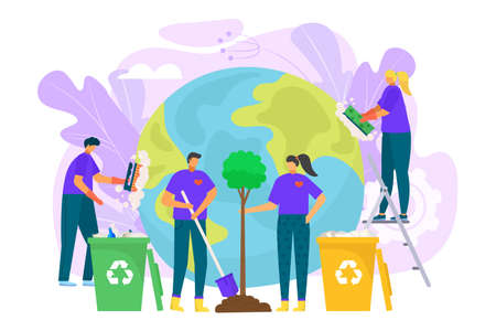 Planet ecology protection, save earth environment concept, vector illustration. Cartoon people character care about global world nature.のイラスト素材