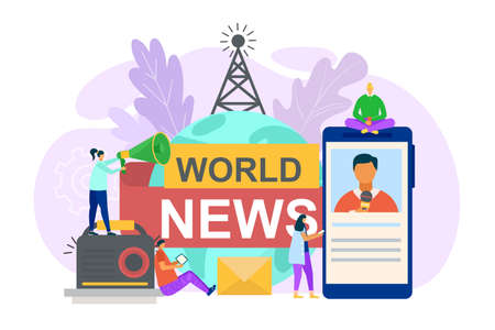 World news in social media concept, vector illustration. Flat information in newspaper, smartphone, radio and internet network. Man woman characterのイラスト素材