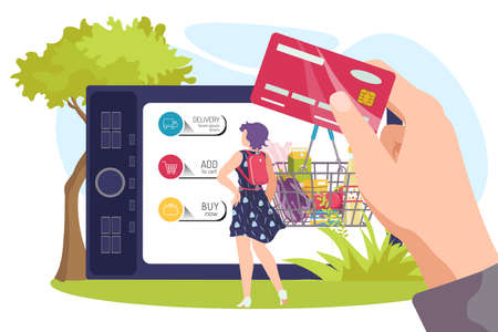 Buy food online in internet shop app, store service in mobile concept, vector illustration. Woman customer character choose productのイラスト素材