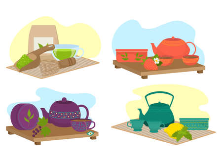 Tea set, cup with hot drink concept, vector illustration. Organic beverage from teapot, graphic mug with herbal drink, isolated on white background.のイラスト素材