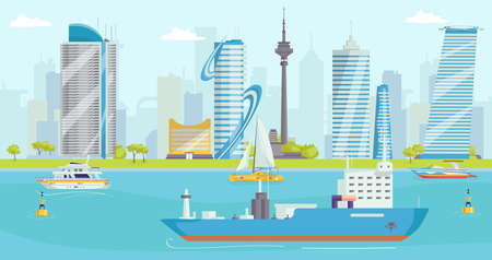 City near sea, boat travel at ocean water, vector illustration. Vessel transportation in summer, luxury skyscraper at city background.のイラスト素材