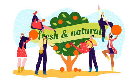 Farm market label with organic food, vector illustration. Man woman people character near fresh...