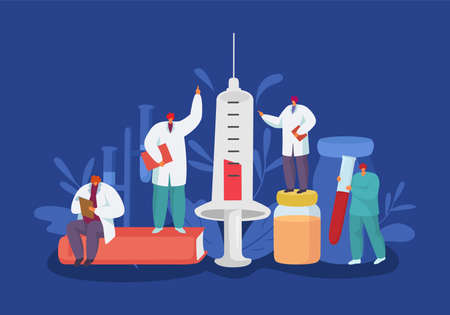 Vaccine medicine in syringe, vector illustration. Medical injection for therapy, man woman character stand at book, pill bottle and research drugのイラスト素材
